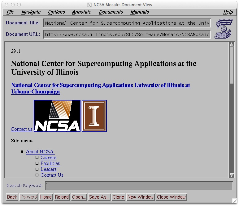 Screenshot de um antigo navegador de Internet: o Mosaic, exibindo a página da NCSA (National Center for Supercomputing Applications).