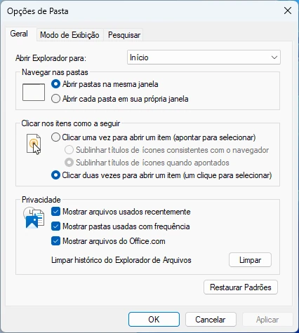 Screenshot da janela Opções de Pasta no Windows 11.