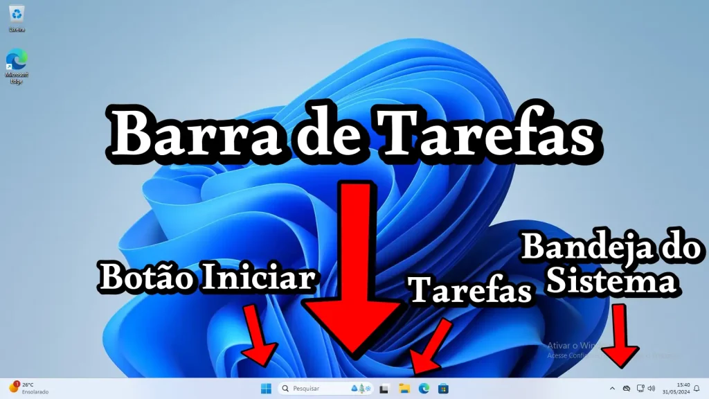 Onde fica a barra de tarefas no Windows 11, e o nome de alguns de seus componentes: o botão Iniciar, os ícones das tarefas, e a bandeja do sistema.