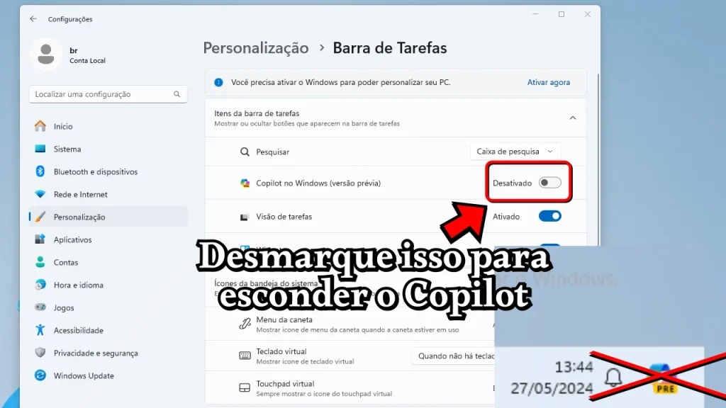 Screenshot mostrando como remover o ícone do copilot do Windows 11.