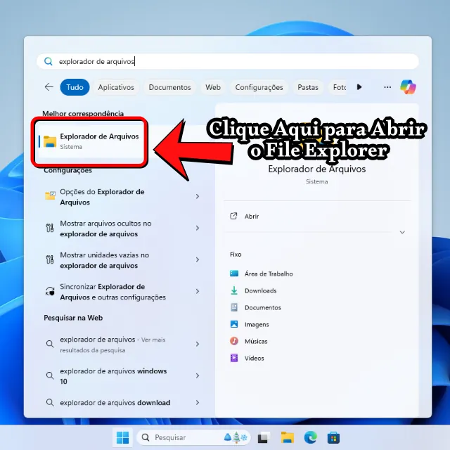 Onde clicar para abrir o Explorador de Arquivos no menu Iniciar.