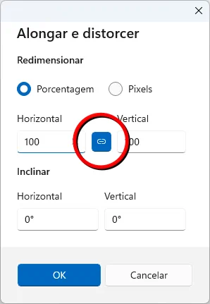 Onde fica o botão de manter a taxa de proporção no MS Paint (círculo vermelho).