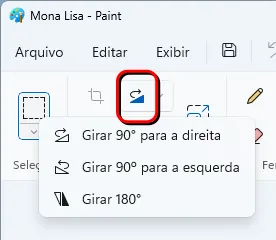 Onde fica o botão girar no Paint (retângulo vermelho), e seu menu suspenso.