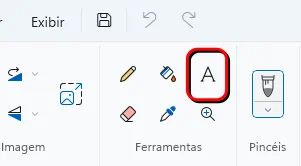 Onde fica a ferramenta de texto no Pain (retângulo vermelho).