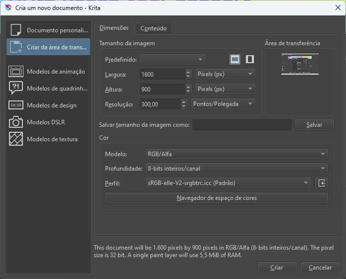 A caixa de diálogo "Cria um novo documento" do Krita, com "Criar da área de transferência" selecionado.