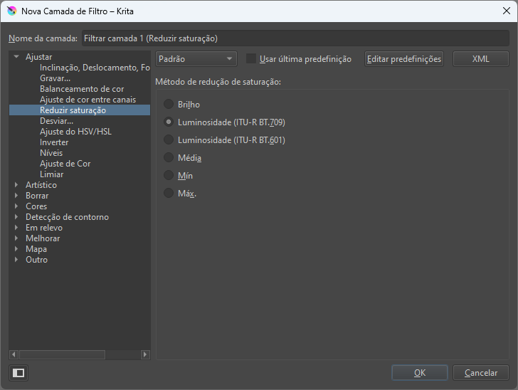 Caixa de diálogo do filtro Ajustar -> Reduzir saturação do Krita. Opções: Brilho; Luminosidade (ITU-R BR.709); Luminosidade (ITU-R BT.601); Média; Min; Máx.