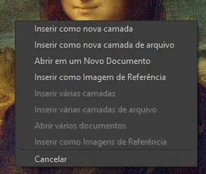 Screenshot de menu popup: inserir como nova camada, inserir como nova camada de arquivo, abrir em um novo documento, inserir como imagem de referência, cancelar.