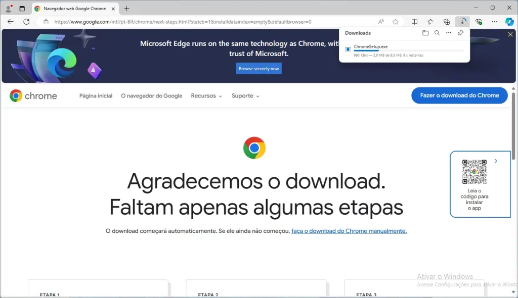 A janela do Microsoft Edge na página de download do Google Chrome; no canto superior-direito, o progresso de download do instalador ChromeSetup.