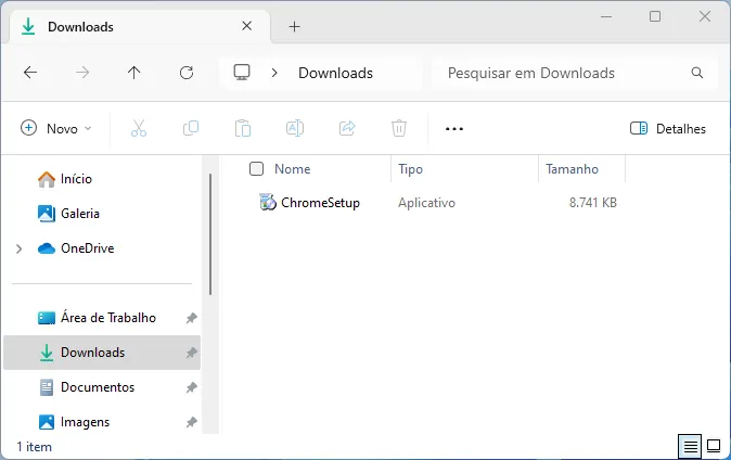 A janela do explorador de arquivos do Windows exibindo a pasta de downloads, dentro um arquivo chamado ChromeSetup, de tipo Aplicativo, e tamanho 8.741 KB.