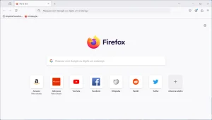 A janela principal no Mozilla Firefox exibindo uma nova guia. No centro da página o logotipo do Firefox. Sob ele uma caixa de pesquisa. E então vários atalhos: Amazon (Patrocinado), AliExpress (Patrocinado), YouTube, Facebook, Wikipedia, Reddit, e Twitter.