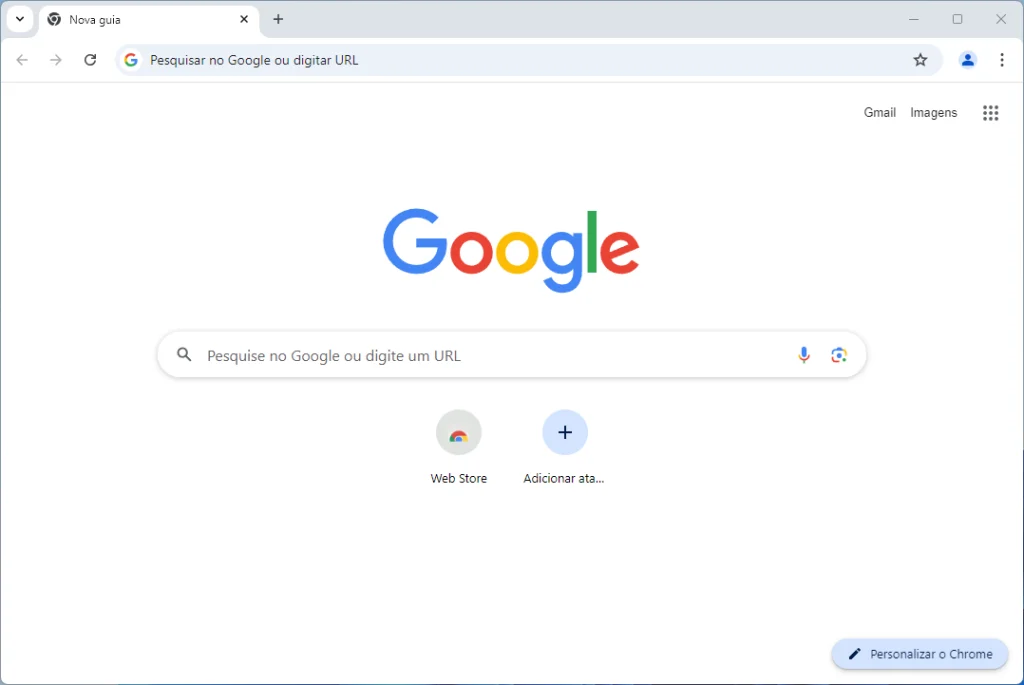 A janela principal do Google Chrome exibindo uma guia rotulada "Nova guia." Nela, é exibida o logotipo do Google, uma caixa de pesquisa, e uma lista de ícons de atalhos.