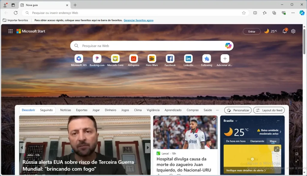 Janela principal do Microsoft Edge no Windows 11, exibindo sua página inicial padrão, com notícias sobre política, tragédia, investimento, e algumas propagandas.