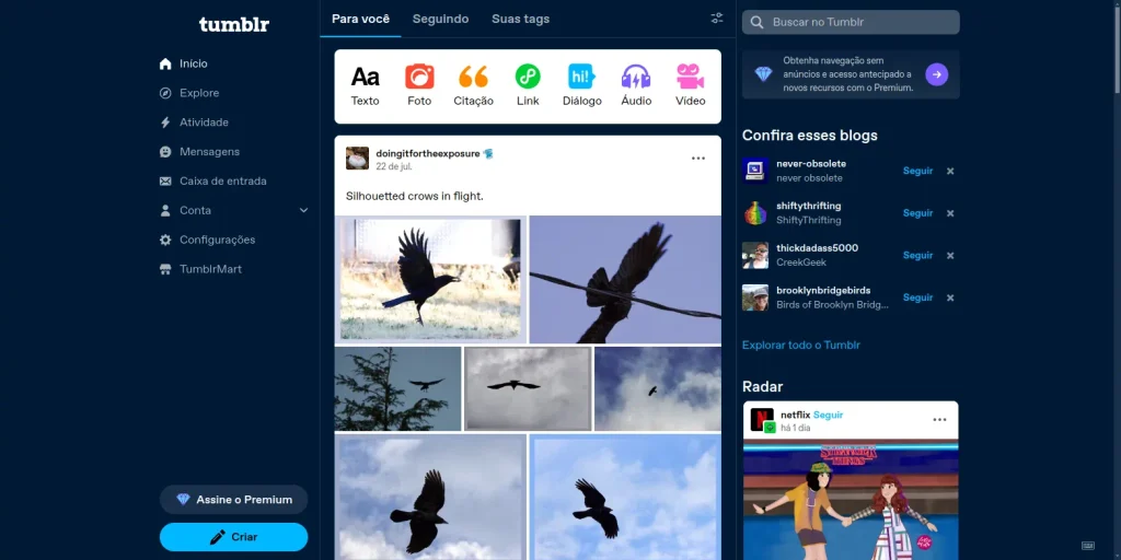 Uma página com o logo do Tumblr no canto superior-esquerdo. Um menu lateral com as op~çoes Início, Explore, Atividade, Mensagens, Caixa de Entrada, Conta, Configurações, TumlbrMart. No canto inferior-esquerdo: Assine o Premium, Criar. No centro, as guias ao topo: Para você (ativo), seguindo, suas tags. Uma barra com botões: Texto, Foto, Citação, Link, Diálogo, Áudio, Vídeo. Um post na feed central com fotos de pássaros pretos (corvos). No canto superior-direito, uma caixa de pesquisa rotulada "Buscar no Tumblr. Na barra lateral direita: uma mensagem avisando para obter navegação sem anúncios pagando por Premium. Um painel "Confira esses blogs" com quatro contas de usuários. Um link "explorar todo o Tumblr." Um painel escrito "Radar" com um post de um usuário em tamanho menor.