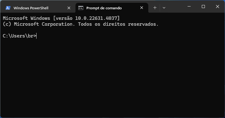 Uma janela de terminal com fundo preto e texto branco e duas guias, "Windows PowerShell" e "Prompt de comando." O conteúdo escrito "Microsoft Windows [versão 10.0.22631.4037] (c) Microsoft Corporation. Todos os direitos reservados. C:\Users\br>", e um cursor de texto imediatamente após isso.