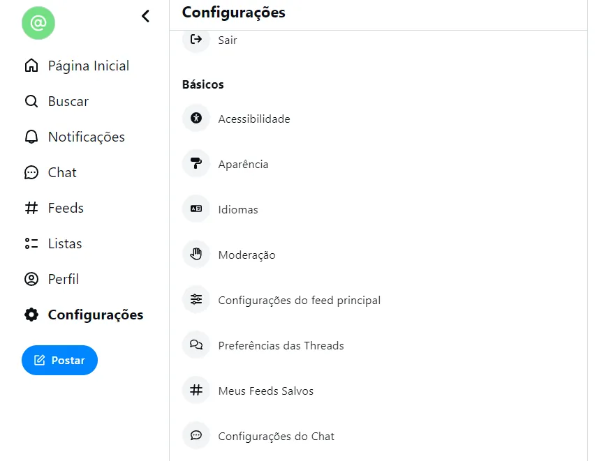 Uma página com o título "Configurações," seção "Básicos," listando os botões: acessibilidade, aparência, idiomas, moderação, configurações do feed principal, preferências das threads, meus feeds salvos, e configurações do chat.