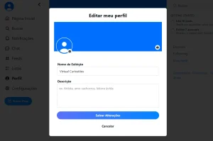 Uma caixa de diálogo por cima de um fundo semi-transparente escuro com título "Editar meu perfil." Nela, um retângulo azul e um circulo azul com um desenho de uma pessoa. Um campo de uma linha de texto rotulado "Nome de Exibição," com o valor "Virtual Curiosities." Um campo de múltiplas linhas rotulado "Descrição" em branco, o exemplo "ex. Artista, amo cachorros, leitora ávida." exibido em cinza nele. Dois botões na parte inferior: "Salvar Alterações" e "Cancelar."