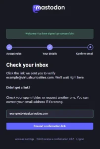 Uma página escura escrita "Check your inbox," com um endereço de e-mail e um botão azul rotulado "Resend confirmation link."