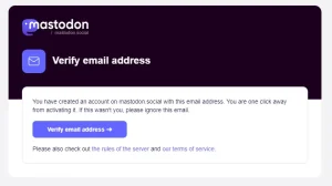 Um página com o logotipo do Mastodon e título "Verify email address," com um botão rotulado "Verify email address."