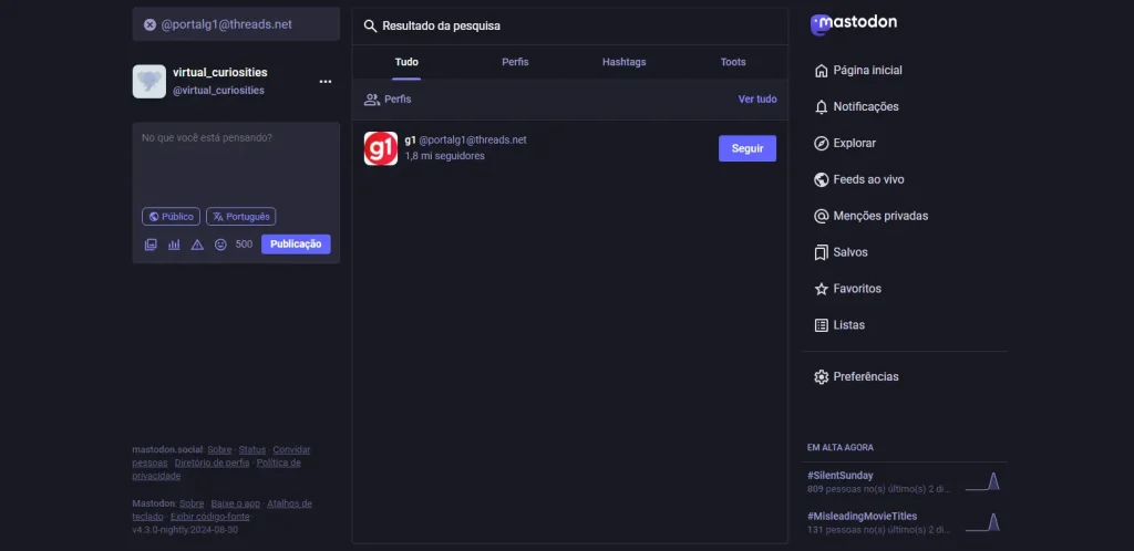 A página de pesquisa do Mastodon. Na caixa de pesquisa, o código @portalg1@threads.net. Nos resultados, a conta do Portal G1 no Threads, e um botão para seguir a conta.