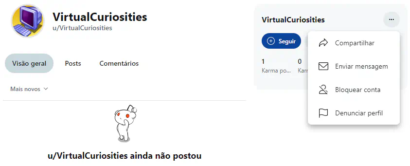 Um menu suspenso sob um botão de três pontinhos em uma página de perfil no Reddit com quatro opções: Compartilhar; Enviar mensagem; Bloquear conta; e Denunciar perfil.