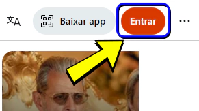 Um botão laranja escrito "Entrar" entre um botão de três pontinhos e um botão para "Baixar app."