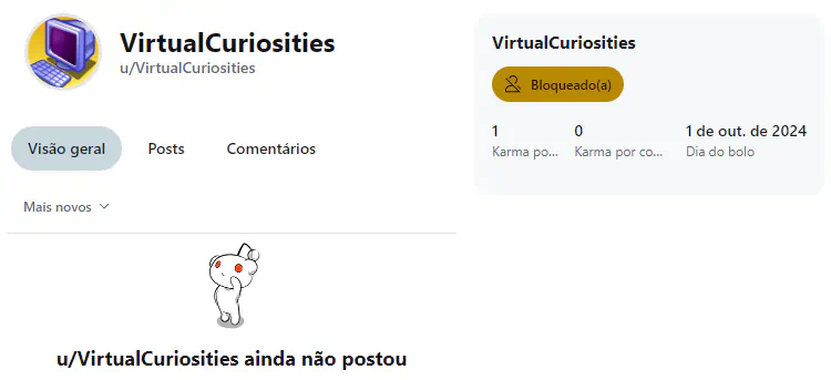 Uma página de perfil no Reddit, onde há um retângulo arredondado dizendo "Bloqueado(a)."