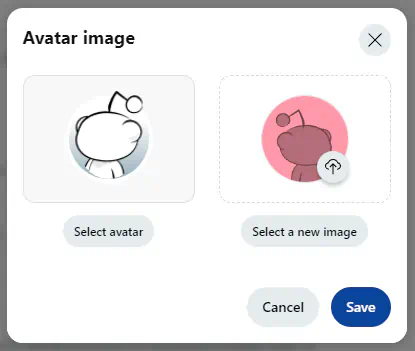 Uma caixa de diálogo em Inglês com o título "Avatar image," duas opções: "Select avatar" e "Select a new image." Dois botões: "Save" e "Cancel."